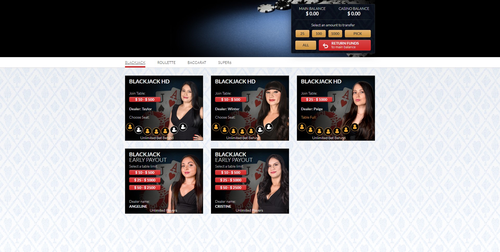 BoVegas live casino featuring blackjack games