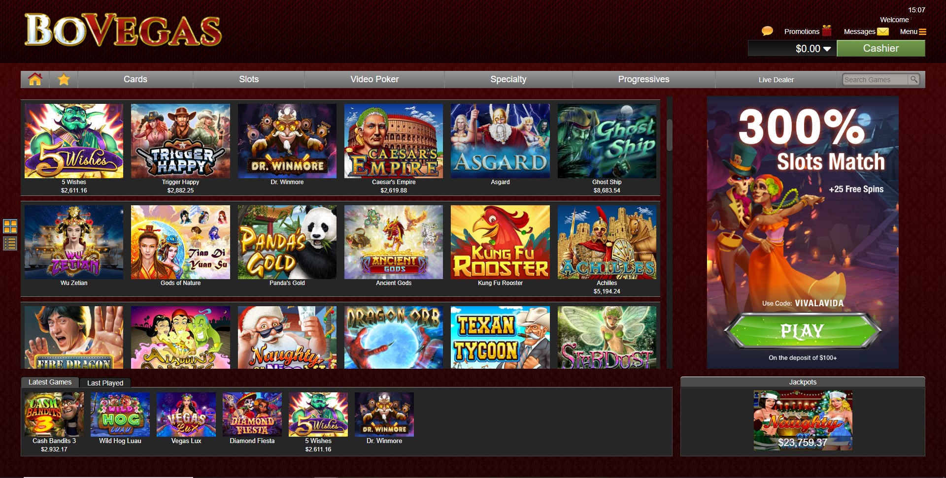 Selection of online slots at BoVegas Casino