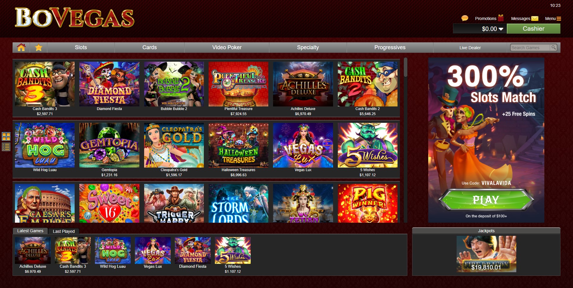 BoVegas game lobby featuring slots
