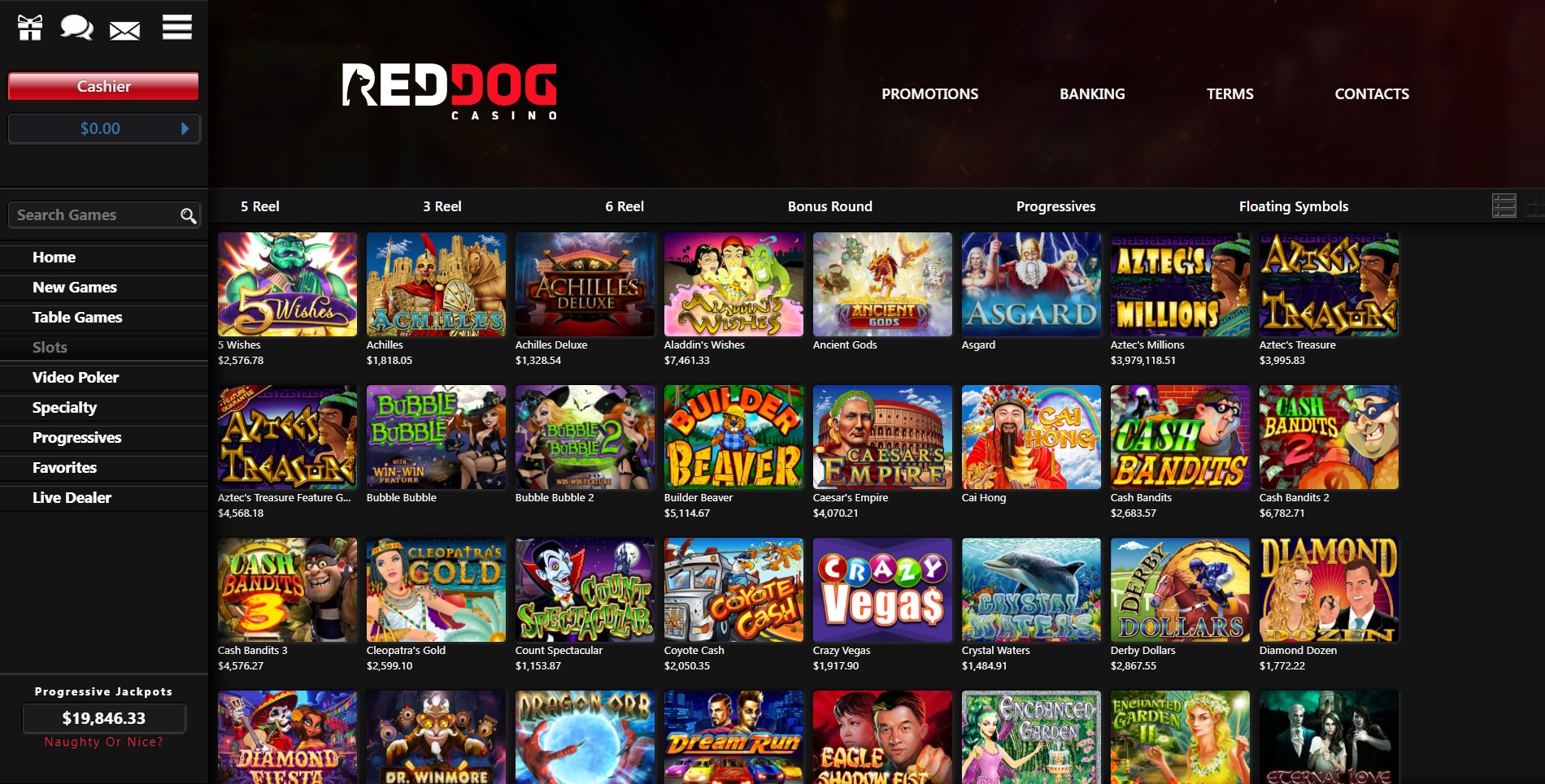 The Red Dog casino game lobby and progressive jackpot total