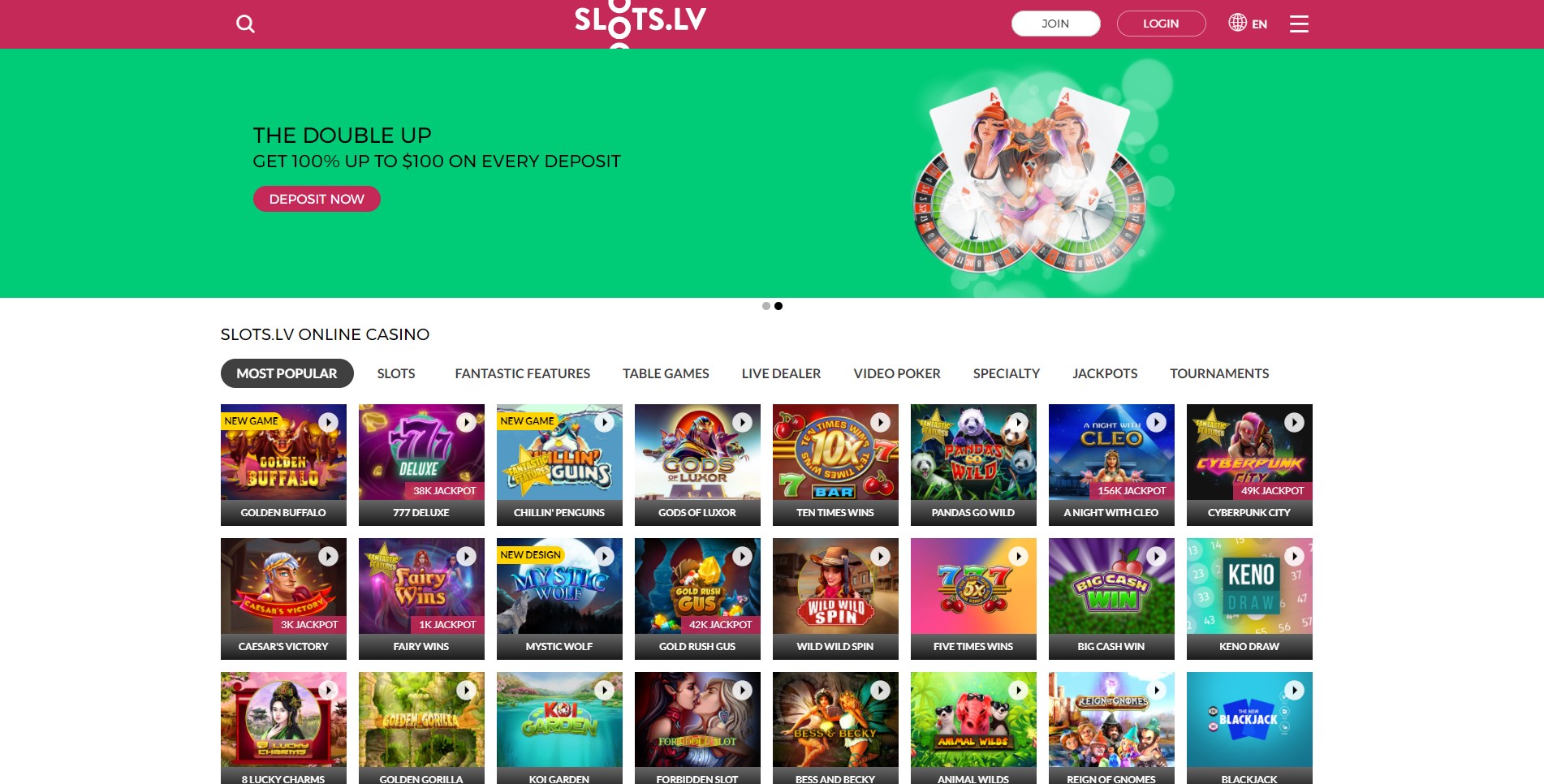 Slots.lv homepage with most popular games in view
