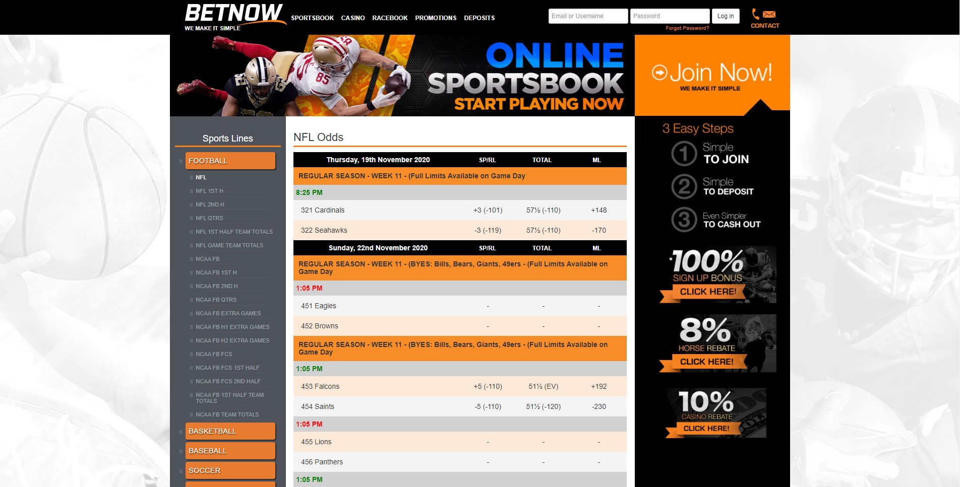 NFL betting options at the BetNow site
