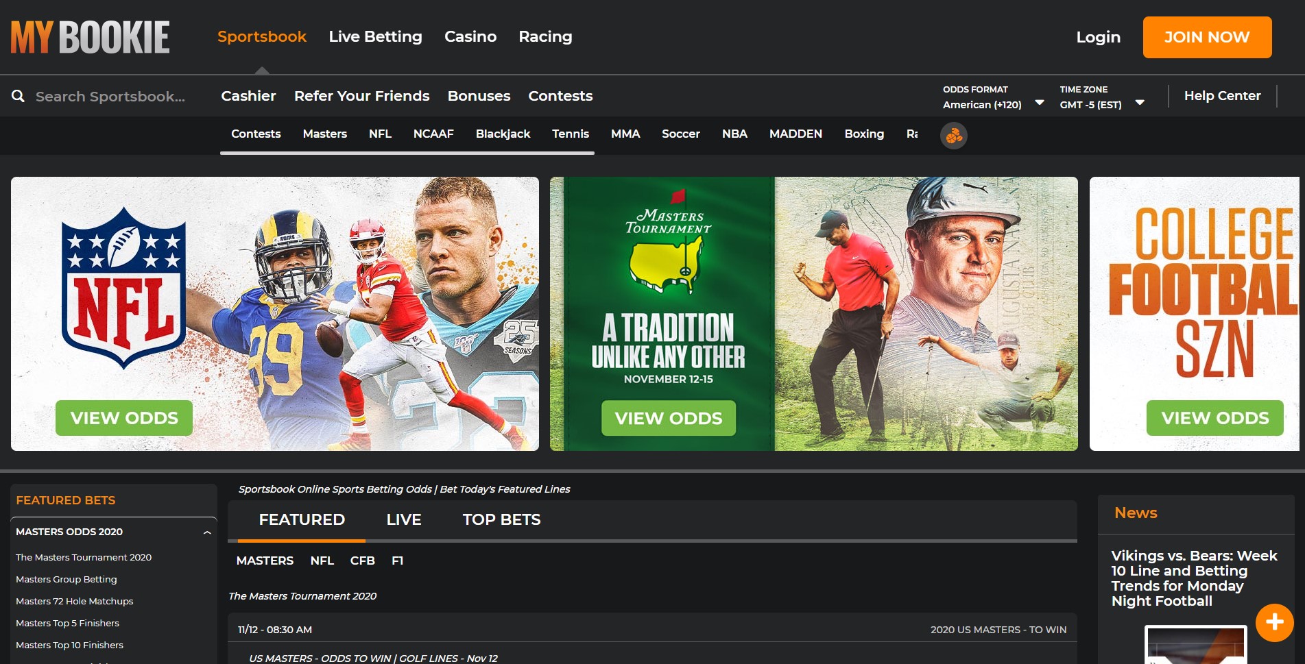 The homepage of the MyBookie sportsbook